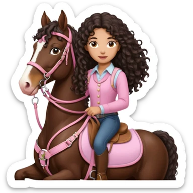Realistic mixed race girl with long dark brown curly hair, riding a big shire draft horse that’s white with a pink nose wearing pink harness and saddle  sticker