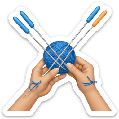 hands holding 2 knitting needles (1 on the right hand and another one on the left hand) with a ball of knitting thread (without a person's face) sticker