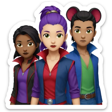 Solo poly platonic relationship, one African girl, one Asian boy, one biracial features Asian tomboy girl rat-tail hair long and upper masculine hair 90s, vampire and marvel cosplay elements inspired  use marvel race, like instead of obvious human, green purple blue etc,  sticker