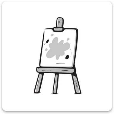 A wooden artist easel/painter's easel with a canvas in pastel colors (dd9fb0, ffc6d3, a3bfc9, c4bee2, f1b091), hand-drawn doodle style sticker