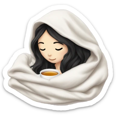 Pale Girl with black hair cozy in a white blanket seeping tea  sticker