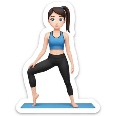 A girl with fair skin and a caring blush. Her eyes are big, expressive, blue. Her hair is long, straight, dark brown.
 in a ponytail, she is wearing black leggings and a black sports bra. in tadasana yoga sticker