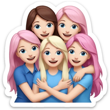four adult white women laughing and hugging.  Two have long dark brown hair.  One has long pale pink hair and blue eyes. one has with blue eyes and light blonde hair. sticker