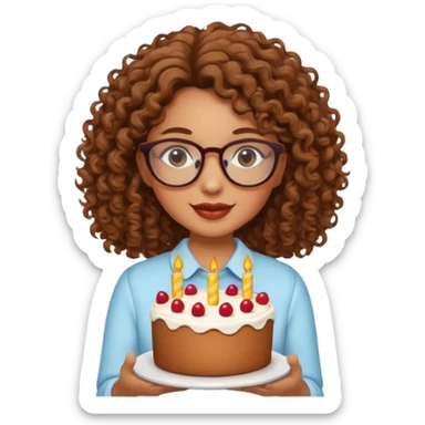 Tanned girl with brown curly hair wearing glasses with a cake  sticker