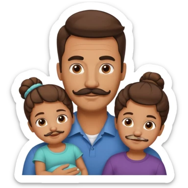 brown family with mom dad teenage daughter toddler son and baby. moms hair is in a bun and dad has a mustache and beard sticker