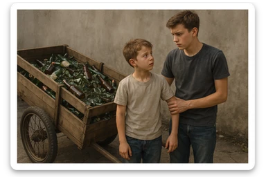 Bir g'ildiragi singan ichimliklar ortilgan arava uning yonida aka uka bir biriga havotirli nigoh bilan qarab turibdi realistik uslubda sticker