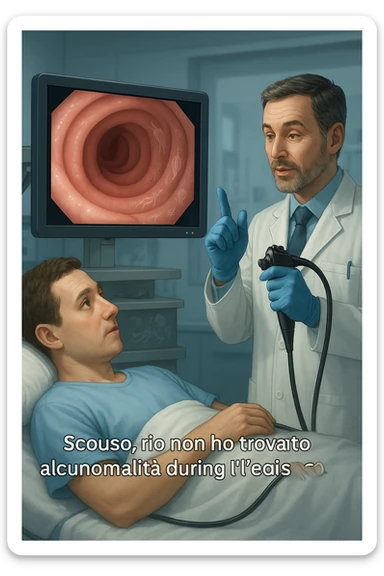 A medical cinematic illustration showing a patient undergoing a colonoscopy in a modern clinical setting. On the monitor, the endoscopic camera shows smooth, healthy-looking intestinal mucosa — clean and without evidentiary signs. But layered symbolically in the background (or faded into the intestinal wall), tiny parasitic organisms like protozoa and helminths are subtly depicted hiding between folds, or embedded deeper in tissues, undetectable by the surface-only scope. The doctor gestures with confidence, while the patient remains unaware that the test might not reveal the true underlying infection. The scene has cool clinical lighting, shallow depth of field, and realistic anatomy, overlaid with symbolic, almost ghost-like imagery of parasites in italiano sticker