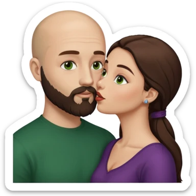 Man beard bald white dark green eyes, woman medium hair brown brown eyed latina kissing sticker