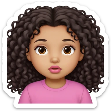 light brown skin tone, very adorable toddler, with big plump lips, long long lashes, black curly long hair, brown eyes, pink shirt sticker