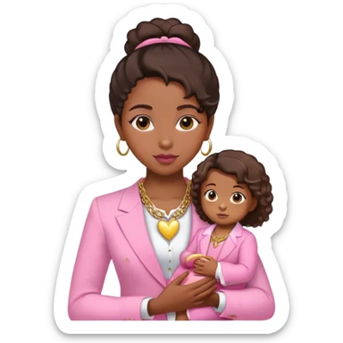Black girl with hair down with baby edges and formal clothes that are pink for her interview and a gold heart necklace  sticker
