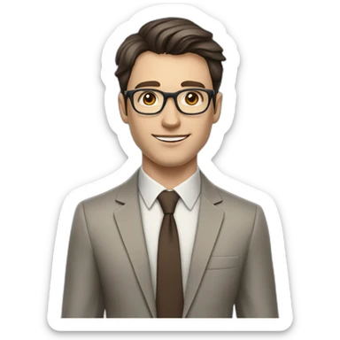 Pale skinned fit man with dark brown hair in gray jacket, beige office shirt, brown tie, brown pants and vintage glasses Writing on the flipchart sticker