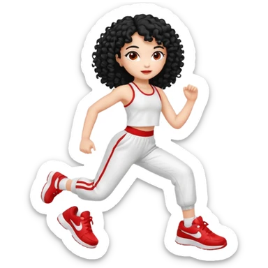 generate a pretty bratz fair skinned girl with curly black hair wearing a white gym set and excersing with red shoes on sticker