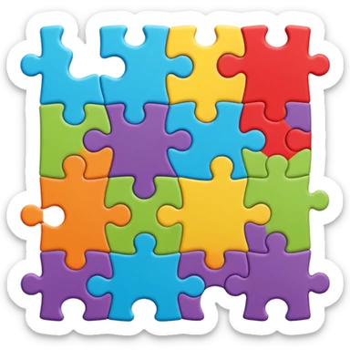 An icon showing connected jigsaw puzzle pieces with letters sticker