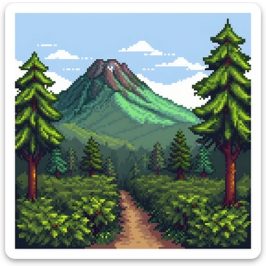 2D forest background with parallax layers, trees, bushes and a distant mountain sticker