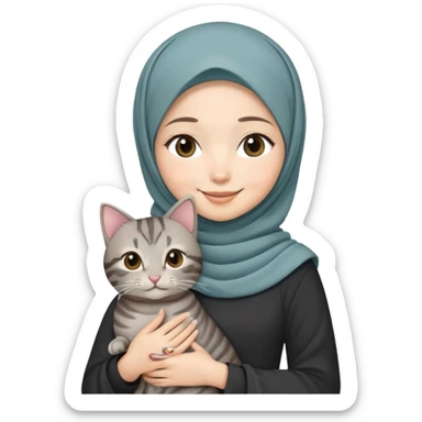 Asian white girl wearing hijab with dress holding a black grey tabby cat while smiling sticker