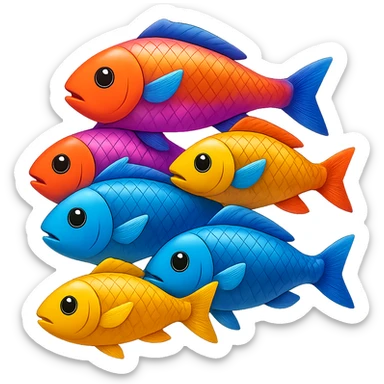 A pile of colorful fish arranged in a pyramid formation in the style of apple emojis, with no background, vibrant and crisp emoji style. sticker