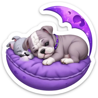 purple moon with a sleeping grey bull dog puppy with a purple collar sticker