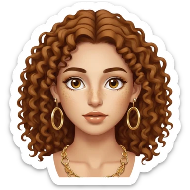 Attractive Greek woman with freckles, long curly hair, gold hoop earrings, small necklace, and lip liner on her lips sticker