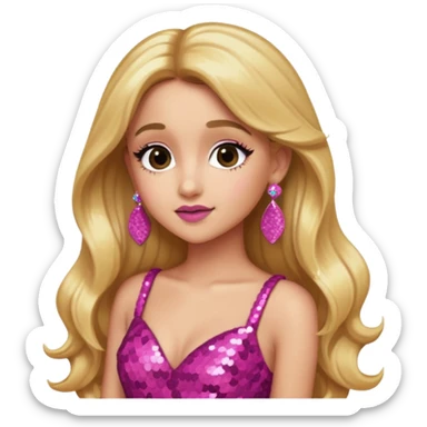 Ariana Grande with long golden blonde hair, dark pink sequin dress, pink earrings sticker