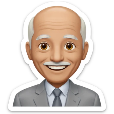 70 yr old man, almost bald, some white hair, pakistani, light grey business suit, big smile, dark skin, no moustache
 sticker