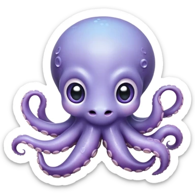 Cinematic Cute Shy Baby Octopus Portrait Emoji, Tentacles tucked slightly inward in an adorably bashful pose, featuring a softly glowing, round light blue-purple body with enormous, soulful eyes peering out timidly, Simplified yet irresistibly adorable features, highly detailed, glowing with a delicate, soothing marine radiance, high shine, quiet yet expressive, stylized with an air of gentle mystery, soft glowing outline, capturing the essence of a tiny, shy deep-sea creature that seems as if it could slowly peek out and explore the world with cautious curiosity! sticker