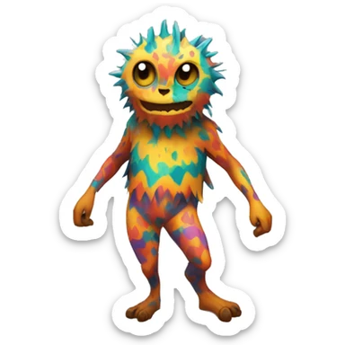 a colorful edgy vernid-fionbri-creature with splash patterns full body sticker