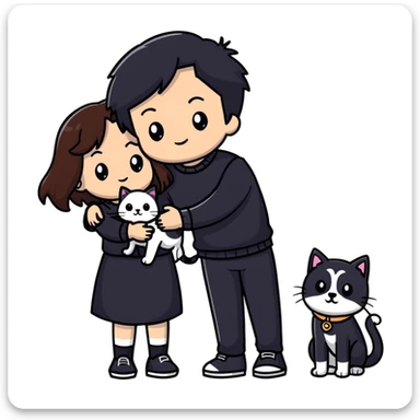 A girl with long brown hair holding the hand of a boy with black hair, both dressed in black, holding a cat and dog sticker