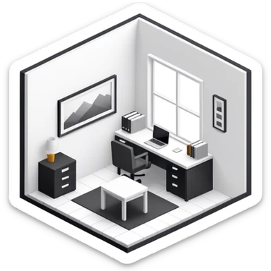 An isometric 3D room with two white walls that meet at the back left and right and a single Window. Black and White Home Office sticker