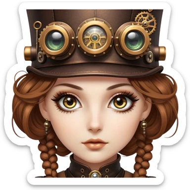 Cinematic 32k HD, Beautiful Steampunk style woman with large glistening eyes, ultra realistic details, each lash, eye, and hair is shown in stunning detail as though captured in a timeless photograph, rich textures, visually rich, so lifelike it could leap off the page at any moment sticker
