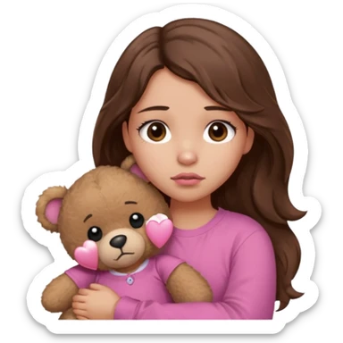girl with long wavy brown hair, brown eyes, light to medium complexion, in a pink shirt, pink lips, long lashes, sad, hugging a teddy bear with a broken heart sticker