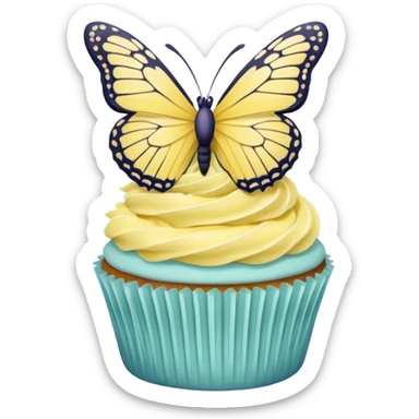 cupcake with pastel yellow frosting and a butterfly decoration sticker