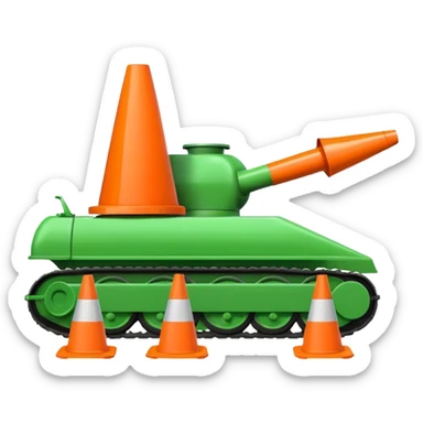 green tank running over and crushing traffic cones, cones visible under the tank, emoji style sticker