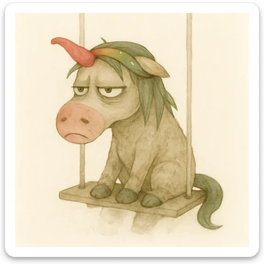 Place the unicorn on a swing in a watercolor art style. The unicorn remains dirty, crumpled, with bags under its eyes, a drooping horn, and a bright shiny headband. Maintain the watercolor art style look. sticker