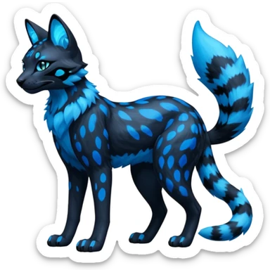 Realistic Obsidian-pitch-black fur body with neon-glowing-blue ring-markings Grem2-Gremz-Serval-Sergal-fusion, full body  sticker