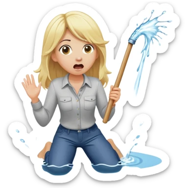 cartoonish blond woman kneeling with surprised expression, a wide cartoonish stick with a D-shaped knob coming out of a pair of pants hanging in front of her face, water stream squirting from the flat side of the knob into her open mouth sticker