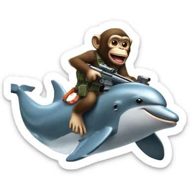 Monkey riding a dolphin while shooting machine guns  dolphins has rocket launchers on his belt    sticker