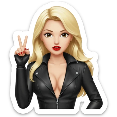 a hott good looking blonde with large breasts, red lips, and long blonde hair with leather sexy outfit and leather high heel boots and she is saying fuck you by giving the universal sign with her middle finger sticker