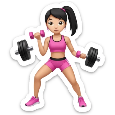 A tan girl with black hair in a ponytail. Wearing a pink gym set. Picking up dumbells sticker