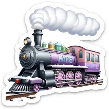 Realistic old fashioned Christmas steam train with pastel colors and shiny metallic silver decorated with diamonds and rhinestones sitting on train tracks on top of snow isolated with graffiti of the word Hype on it sticker