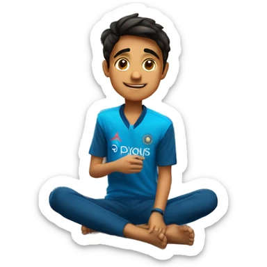a teenage boy sitting in his room and watching Indian cricket match on tv. the boy is wearing an Indian jersey - with Prince 45 name shivraj with on it Pplyto al sticker