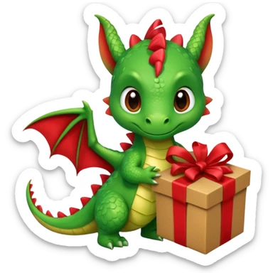 a cute baby dragon is holding a brown carton gift with red ribbon sticker
