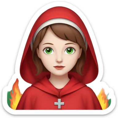 Handmaid woman with brown hair and green eyes. Only head. Background fire sticker