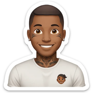black man with face tattoos, smiling, wearing a t-shirt sticker