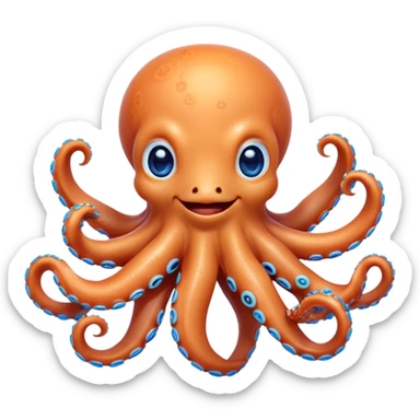 Cinematic Cute smiling Octopus Portrait Emoji, Head tilted playfully and inquisitively, featuring a rounded, light orange body embellished with playful blue rings, eight adorably curling arms, and big, twinkling eyes full of wonder, Simplified yet irresistibly adorable features, highly detailed, glowing with a warm, inviting underwater glow, high shine, affectionate and lively, stylized with a touch of whimsical cartoon charm, soft glowing outline, capturing the essence of a mischievous yet loving octopus that seems as if it could bob out of the screen into your arms! sticker