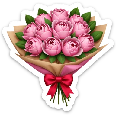 Bouquet of pink flower like rose and peony wrapped in kraft paper with red bow sticker