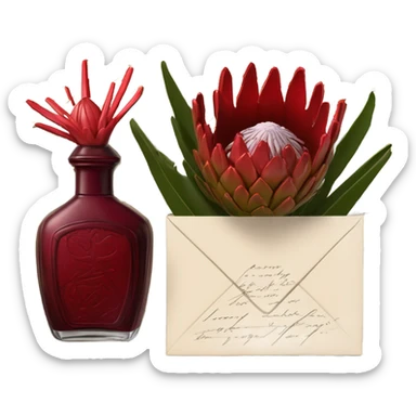 Dark red captivating perfume bottle with red proteas and a handwritten love letter sticker