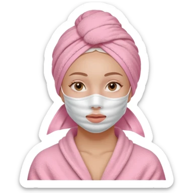 Clean girl influencer character, chest-up portrait, wearing a pink towel wrapped around the head, full face facial skincare mask on face, relaxed confident expression, soft glow skin, minimal chic aesthetic, subtle beauty accessories, calm self-care vibe sticker