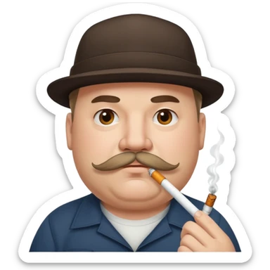 a fat father in a flat-brimmed cap with a tattoo, a cigarette in his mouth, and a mustache. sticker