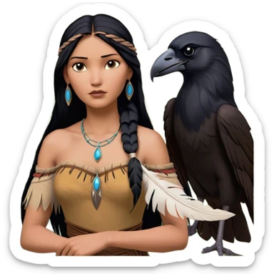 Cinematic Realistic Pocahontas Portrait, depicted with lifelike skin texture, soft natural lighting, and intricately detailed long, flowing raven-black hair that moves gracefully in the wind. Her deep, soulful dark brown eyes exude wisdom and strength, complemented by a serene yet powerful expression. She is shown gently holding a feather in one hand, her other hand resting lightly at her side, embodying the harmonious balance between nature and herself. She is dressed in her classic one-shoulder native American dress, with rich fabric textures and delicate beaded details that catch the light beautifully. The portrait features a soft, sun-kissed glow with a natural, radiant finish, capturing the essence of untamed beauty and deep connection to nature in a realistic and painterly style, evoking a sense of depth and authenticity. sticker
