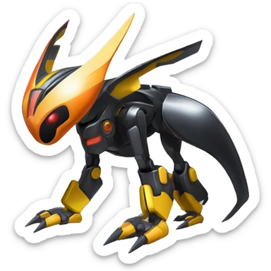a shiny metallic black-orange-yellow Genesect-Flygon-Raptor-Fakémon-Medabot-hybrid with a futuristic visor-helmet full body sticker